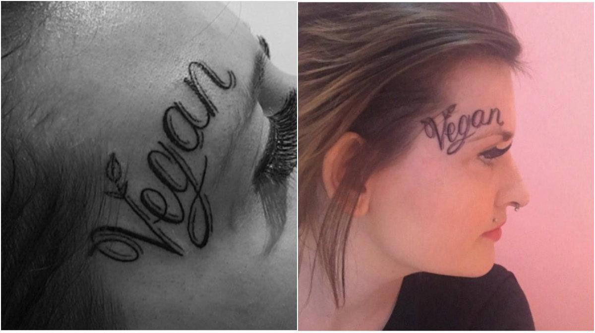 Kate Alice har tatuerat in ”vegan” i pannan. 