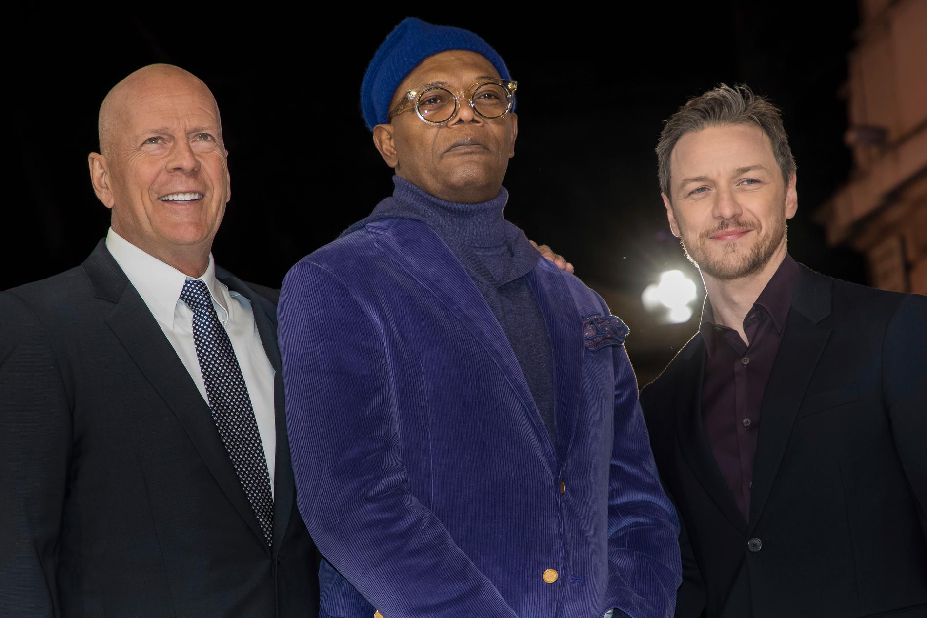 Bruce Willis, Samuel L. Jackson och James McAvoy på premiären för filmen ”Glass” 2019.