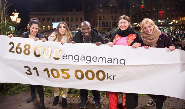Programledarna Kodjo Akolor, Linnea Henriksson och Gina Dirawi (de tre i mitten) visar upp resultatet av Musikhjälpen 2015.