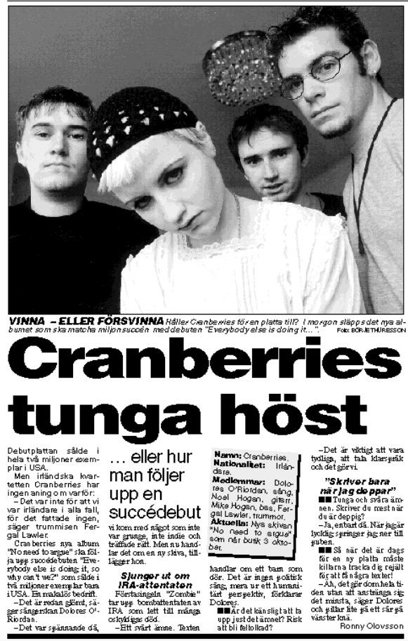 Intervju med Cranberries i Aftonbladet 1994