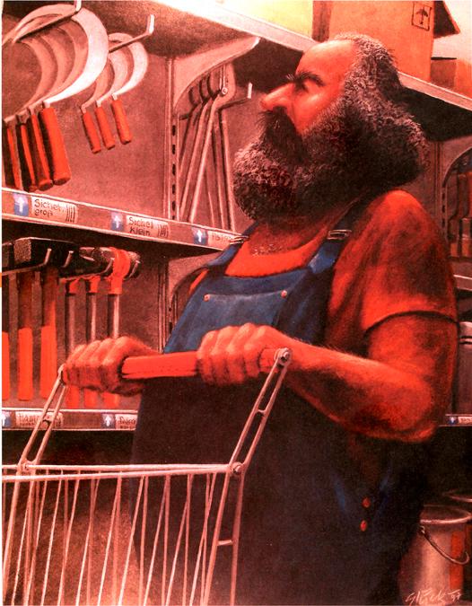 "Marx på byggmarknaden", Glück, 1999. Illustration ur "Grüß Gott! Da bin ich wieder – Karl Marx in der Karikatur (Eulenspiegel 2008). OBS: Bilden är beskuren.