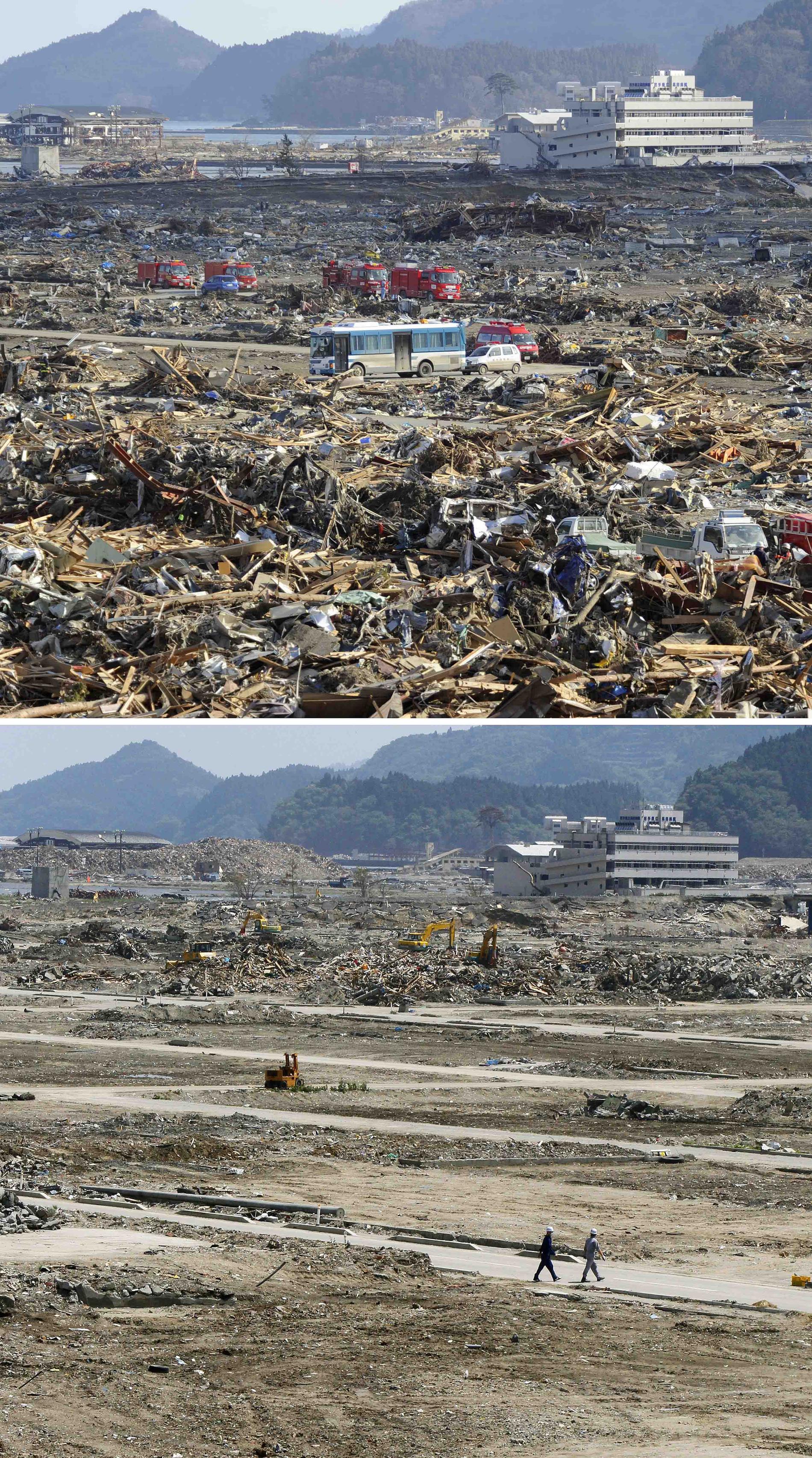 Rikuzentakata i nordöstra Japan efter katastrofen och i dag.