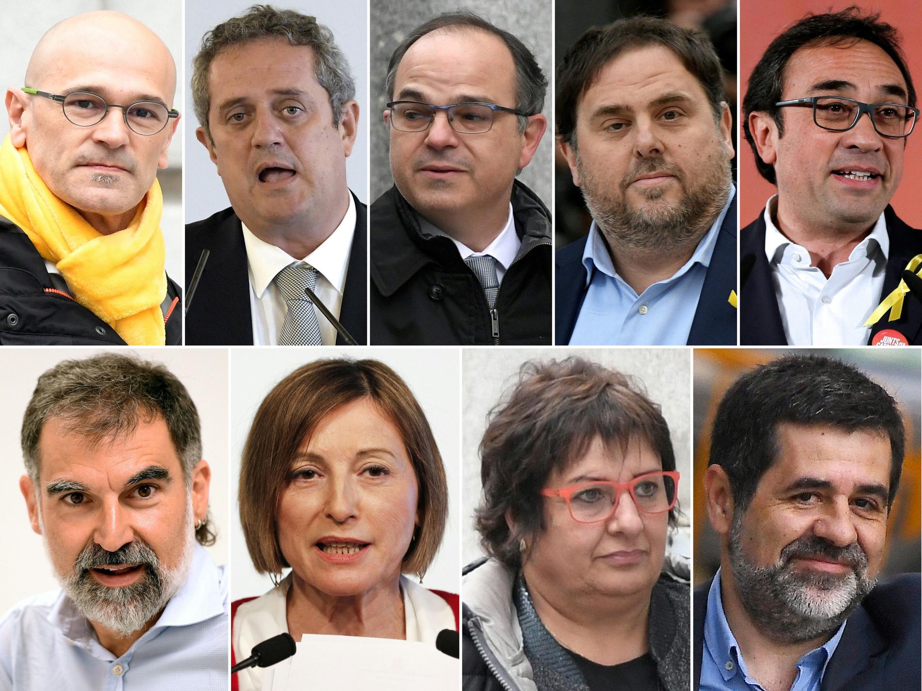 Nio av de åtalade sitter häktade: Raül Romeva, Joaquim Forn, Jordi Turrull, Oriol Junqueras, Josep Rull, Jordi Cuixart, Carme Forcadell, Dolors Bassa och Jordi Sànchez. Arkivbild.
