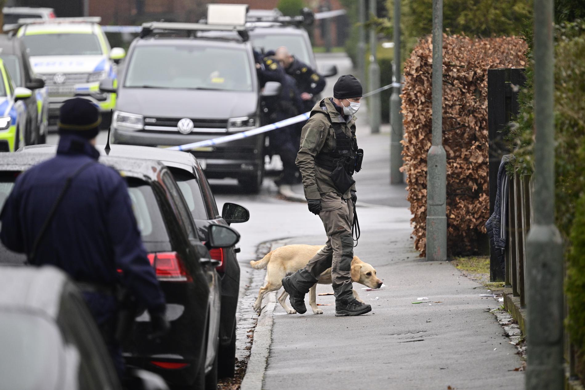 Polis med hund och kriminaltekniker arbetar innanför avspärrningarna på Höja i Malmö efter att två män hittats skadade på fredagen.