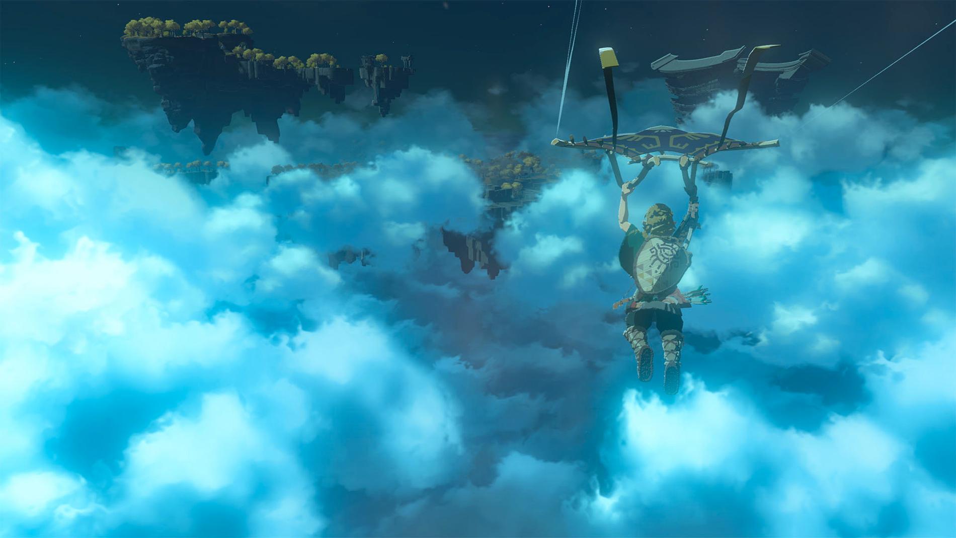 Link svävar bland molnen i "The legend of Zelda: Breath of the wild 2". Pressbild.