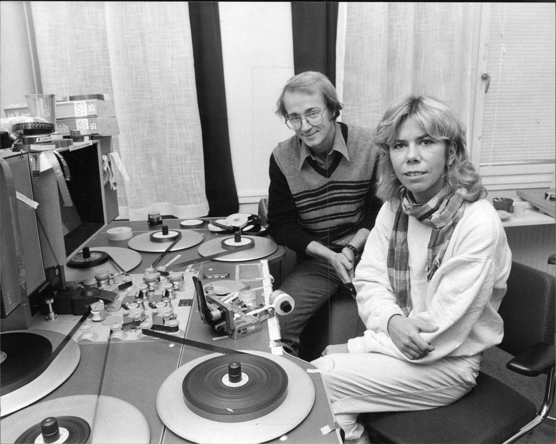 Tom Alandh och Karin Elander, klippare, 1984.