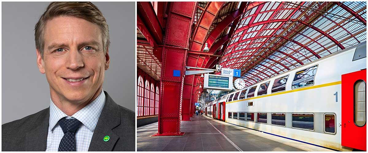 Per Bolund satsar på ett klimatsmart resande med nattåg till Europa. Bilden till höger visar Antwerpens tågstation i Belgien. 
