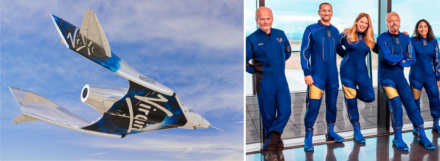 Virgin Galactics rymdfarkost under en testflygning i New Mexicos luftrum, och dagens besättning. Richard Branson är fjärde personen från vänster.