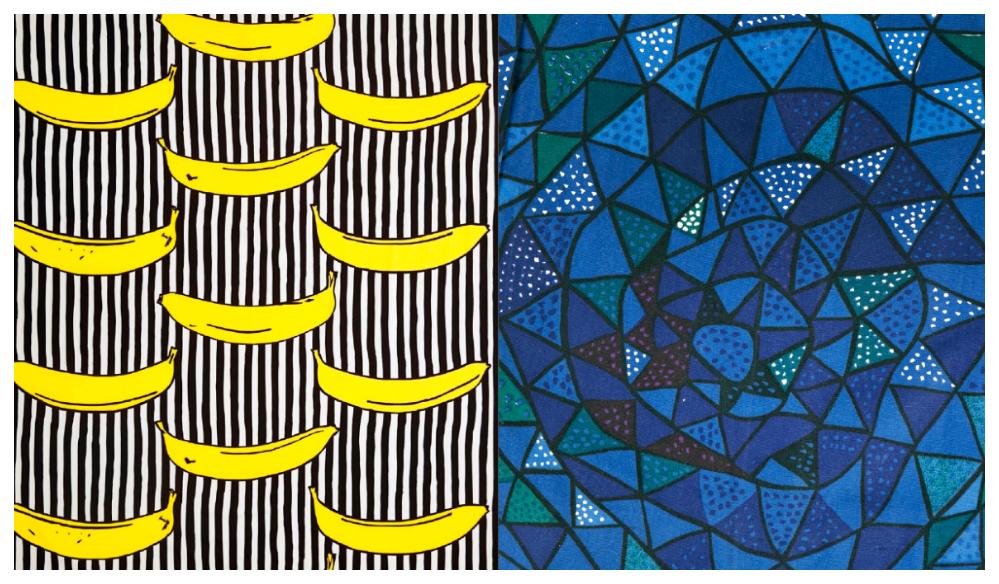 1986 ritade Inez Svensson det klassiska textilmönstret Randig banan för Ikea. Till höger Viola Gråstens genombrottsmönster Oomph som för några år sedan gav namn åt en hel utställning med kvinnliga formgivare på Malmö konstmuseum.