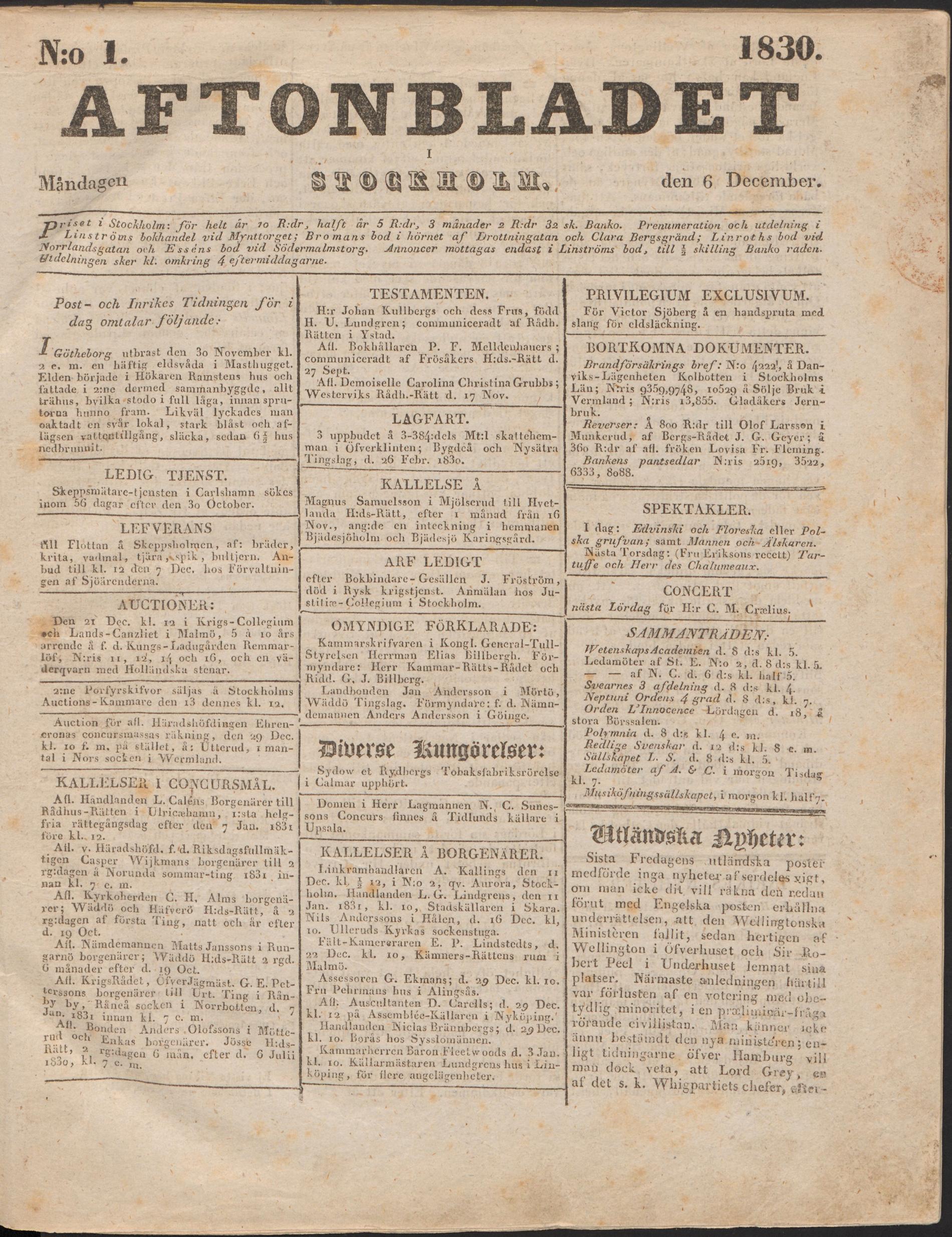Första numret av Aftonbladet, den 6 december 1830.