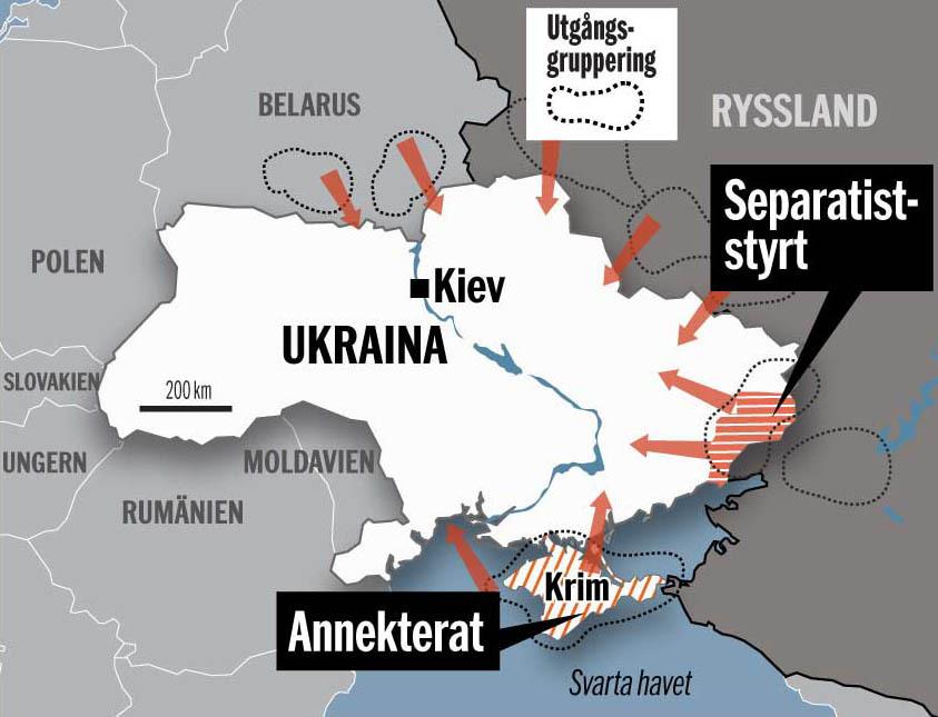 Kartan är baserad på information som den ukrainska militären gav tidningen Military Times. Den visar ett möjligt framtida ryskt anfall mot Ukraina.