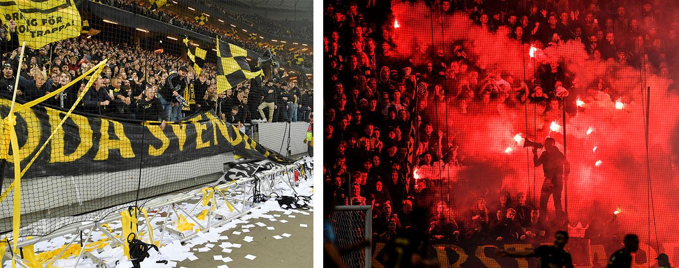 Söndagens allsvenska fotbollsmatch mellan Stockholmslagen AIK och Djurgårdens IF spelades på Friends Arena i Solna. Matchen slutade 1-0 till AIK. På läktarna syntes – förutom flaggor och jublande respektive bedrövade fans – även bengaler och pyroteknik. 