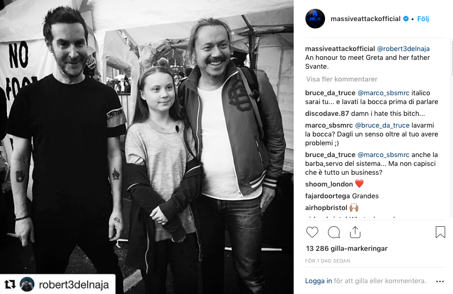 Även 90-talsbandet Massive Attack ville ta en selfie med Greta och hennes pappa Svante Thunberg i London. 