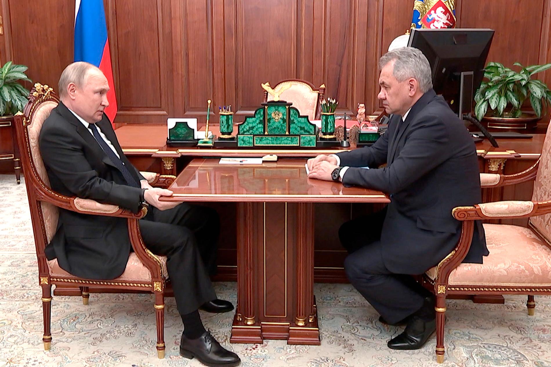 President Vladimir Putins grepp om bordskanten har lett till spekulationer om en sviktande hälsa. Bilden är från ett möte med ryske försvarsministern Segej Shojgu 21 april.