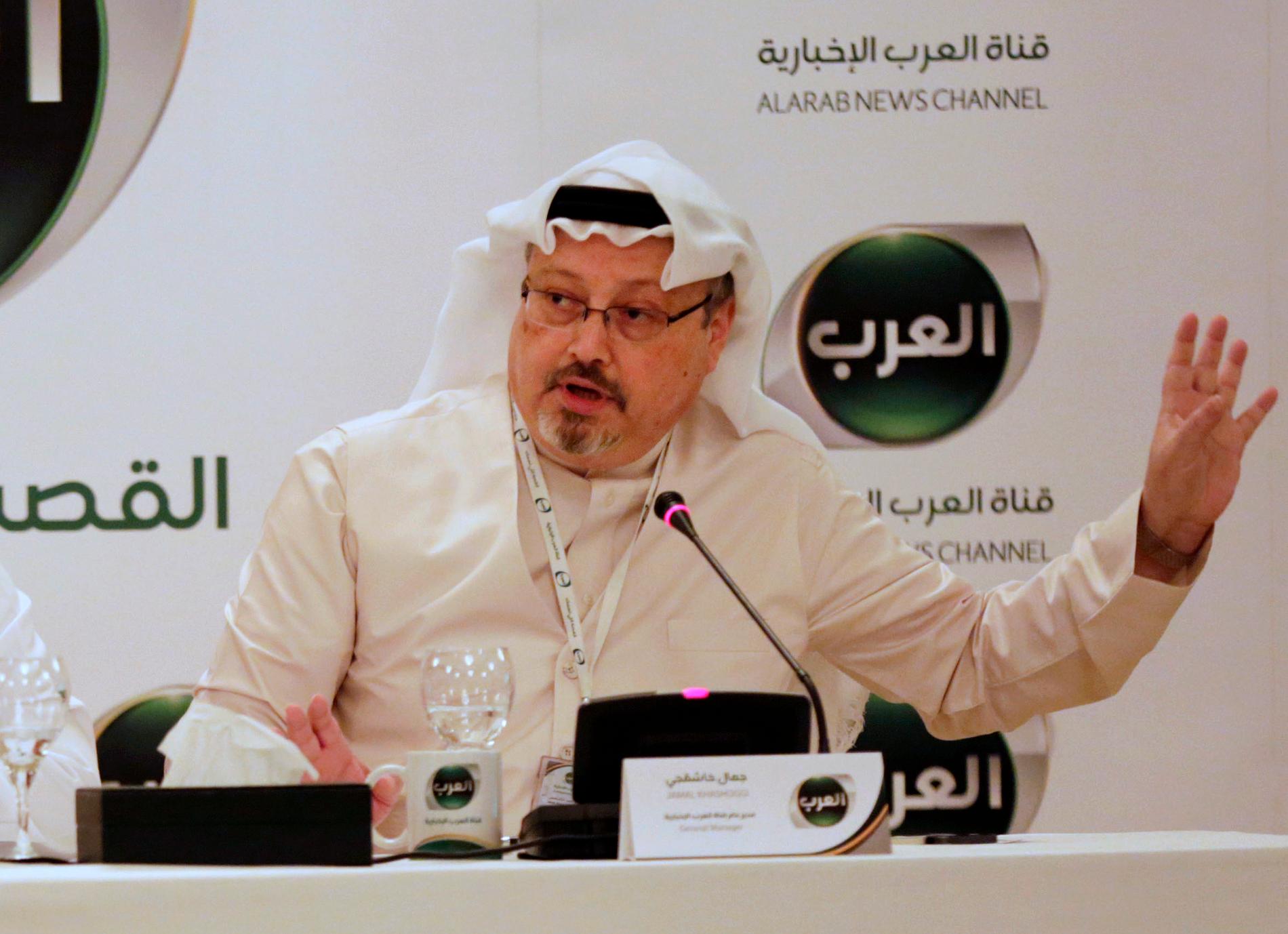 Jamal Khashoggi, under en presskonferens Bahrain i december 2014, då han var vd för en nystartad arabiskspråkig nyhetskanal.