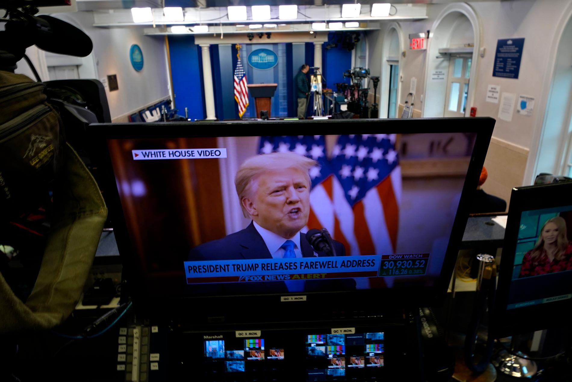 USA:s president Donald Trumps avskedstal visas i Vita husets pressrum på tisdagen.