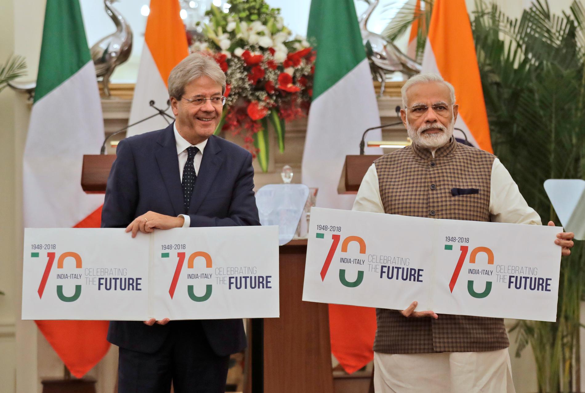 Den indiske premiärministern Narendra Modi (till höger), och Italiens dåvarande premiärminister Paolo Gentiloni år 2017. Arkivbild.