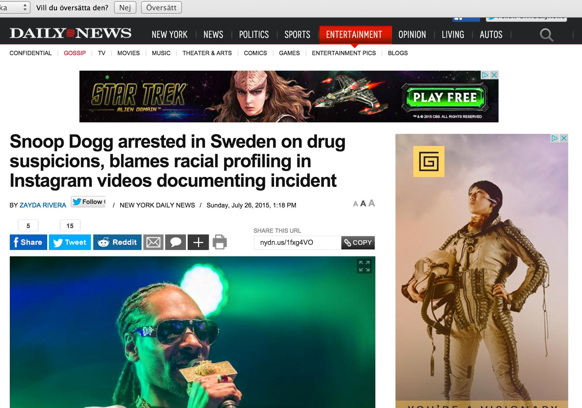 NY Daily News Snoop Dogg arrested in Sweden on drug suspicions, blames racial profiling in Instagram videos documenting incident