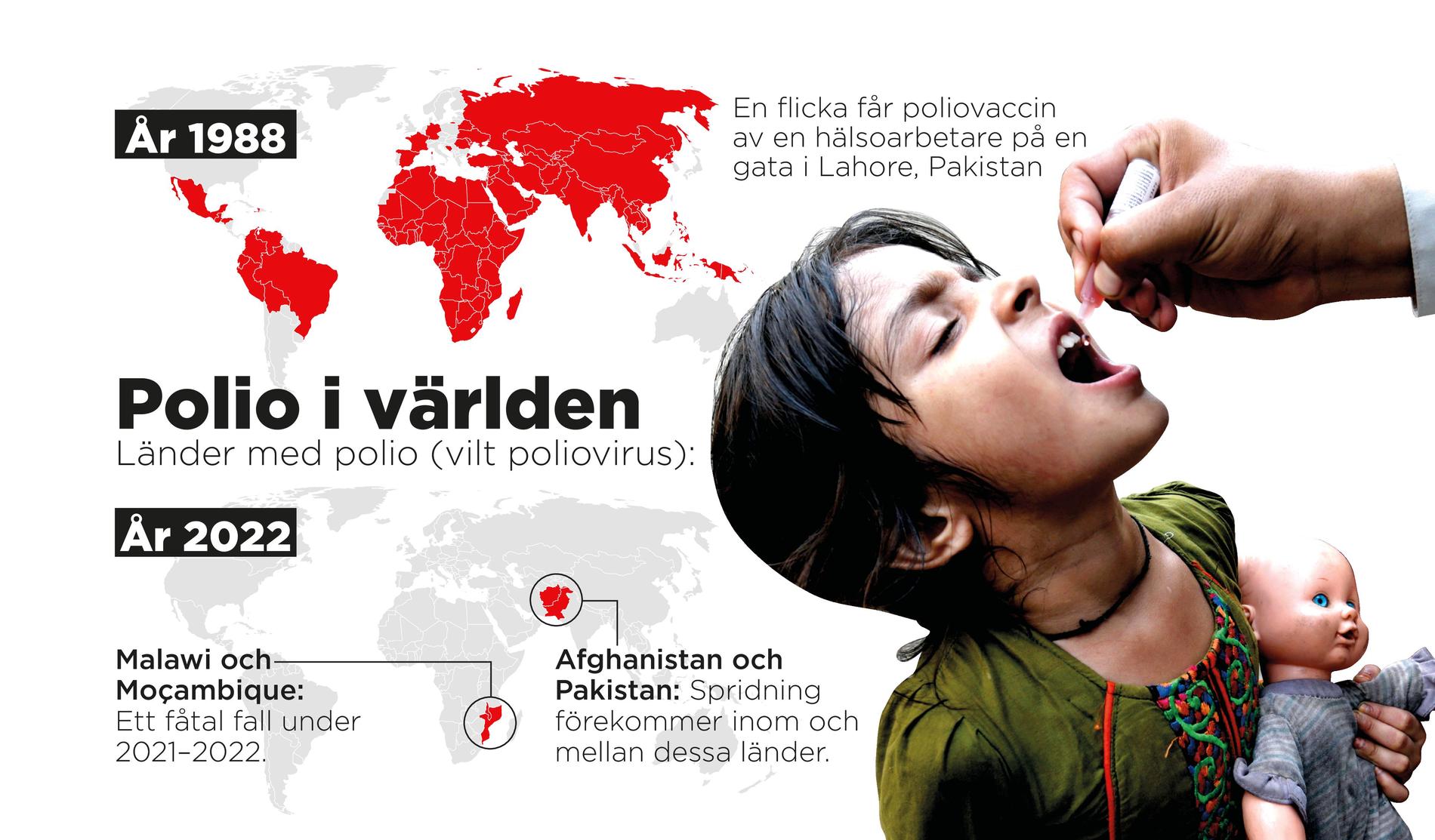 Länder med vilt poliovirus 1988 och 2022.