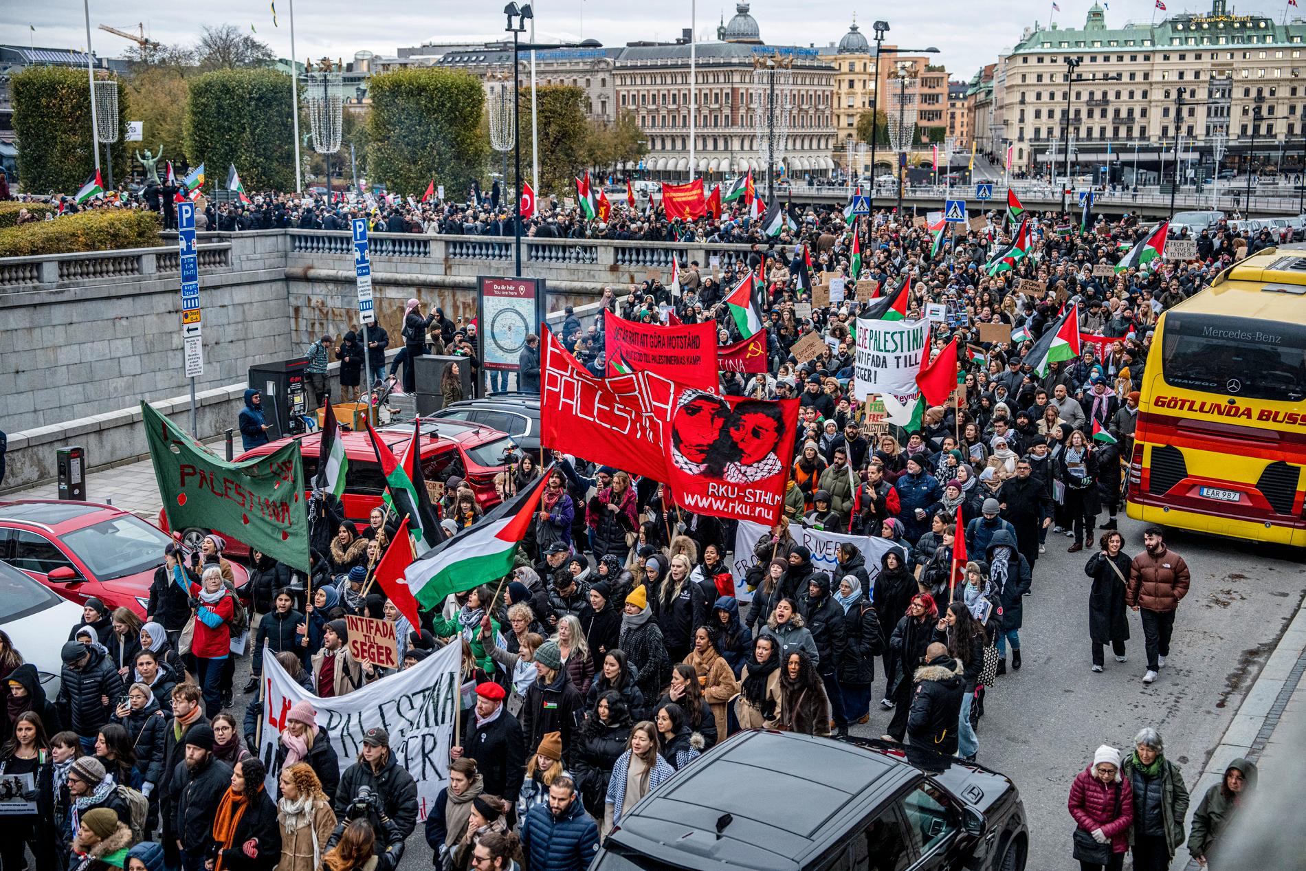 Tusentals har demonstrerat för Palestina senaste veckorna. Bilden är från Stockholm förra lördagen. 