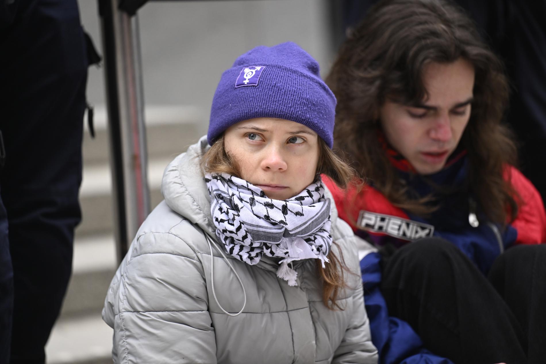 Greta Thunberg under en demonstration utanför Riksdagen.