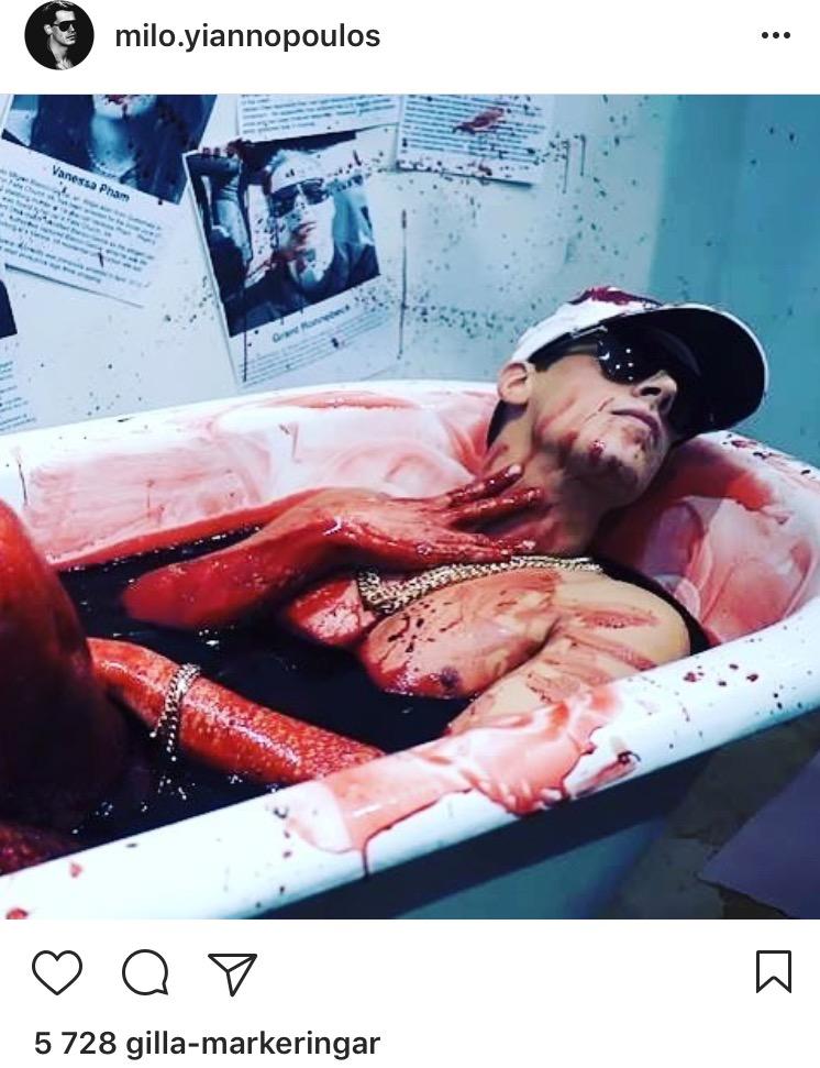 Islamfientligen debattören Milo Yiannopoulos anordnar en konstperformance, där han badar i grisblod. Bilden är från hans instagramkonsto. 