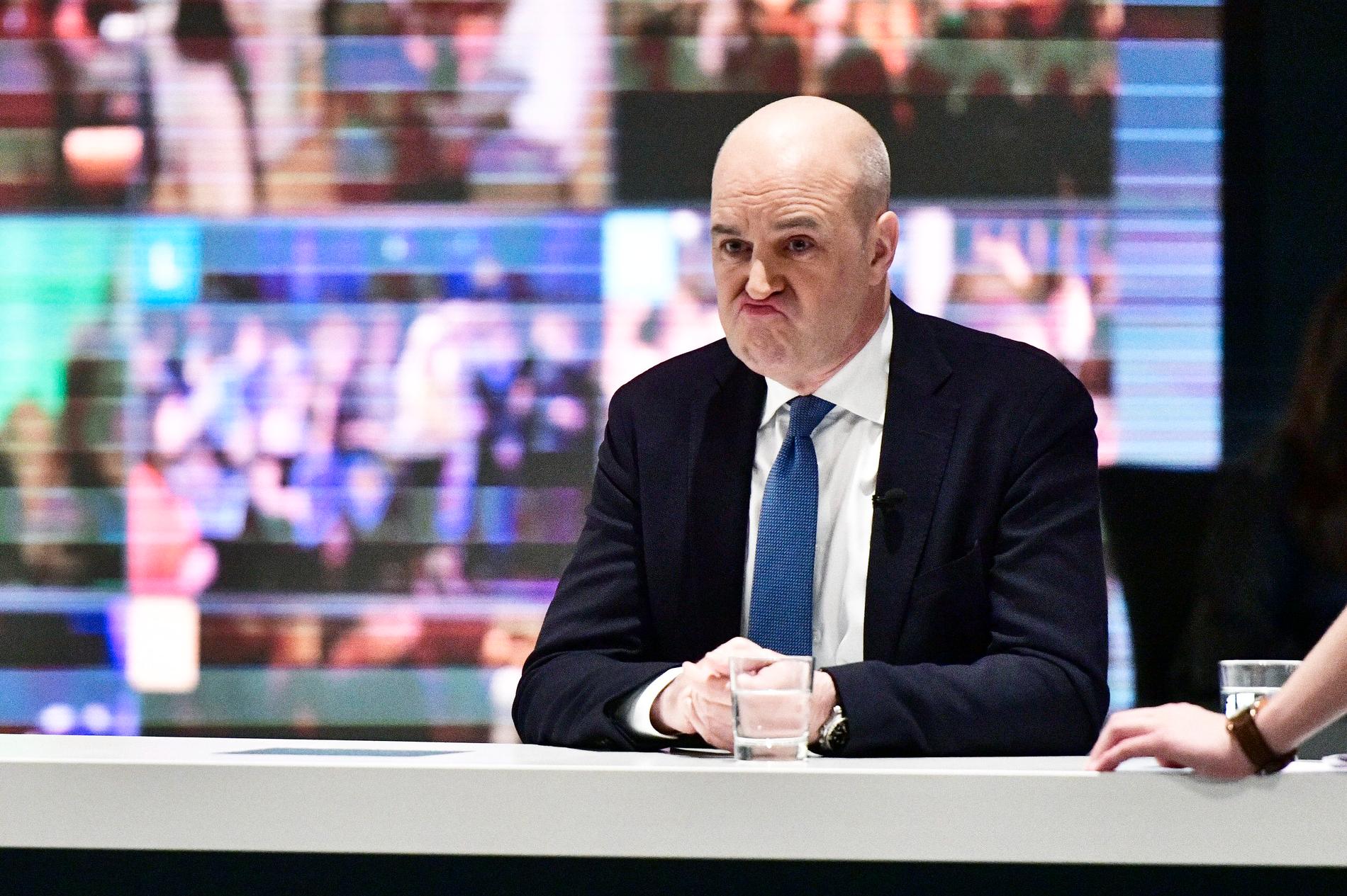 Tidigare statsministern Fredrik Reinfeldt (M) på SVT:s valvaka.