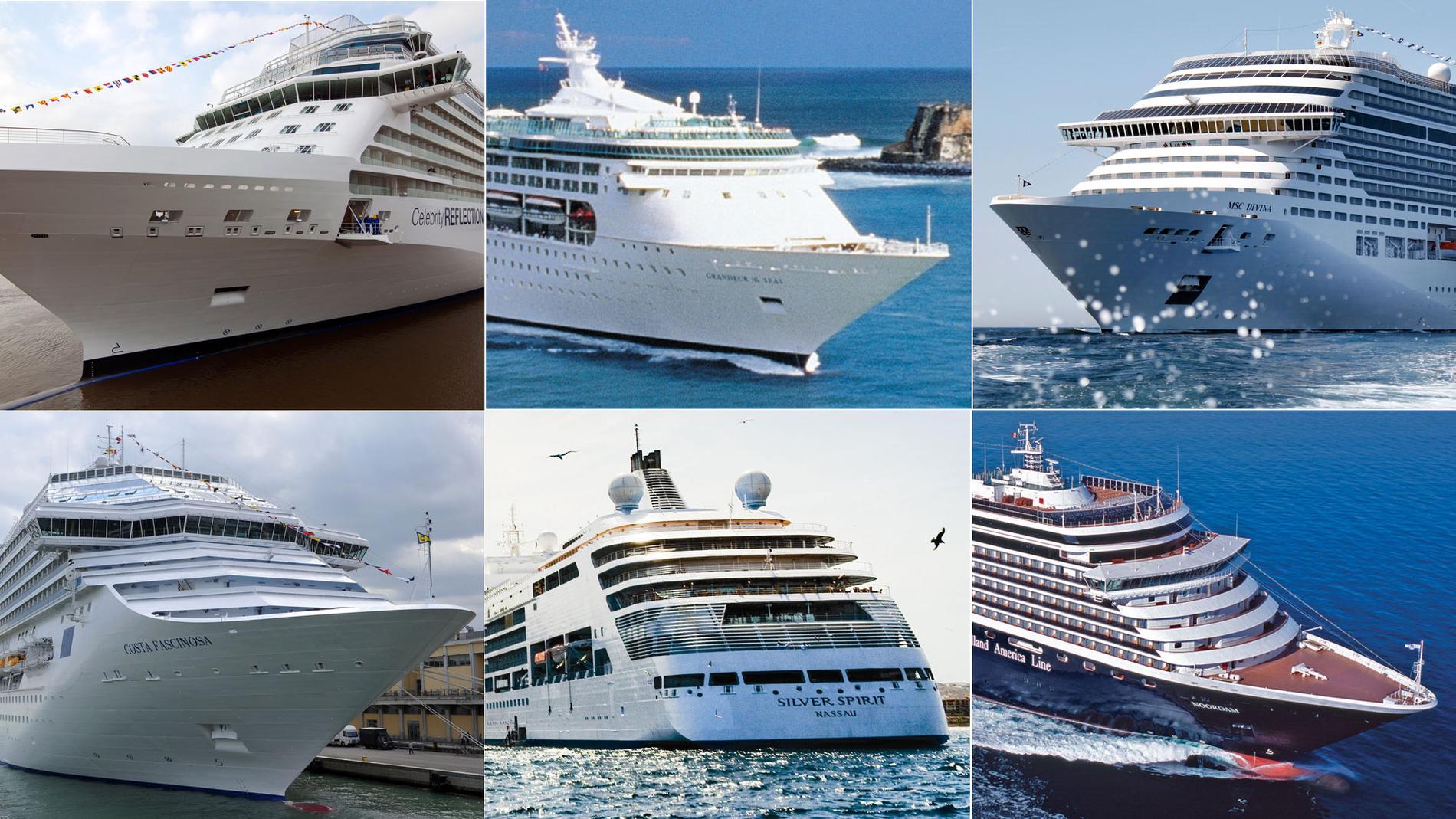 Överst från vänster: Celebrity Reflection, Grandeur of the Seas och MSC Divina. Underst från vänster: Costa Fascinosa, Silver Spirit och Noordam.