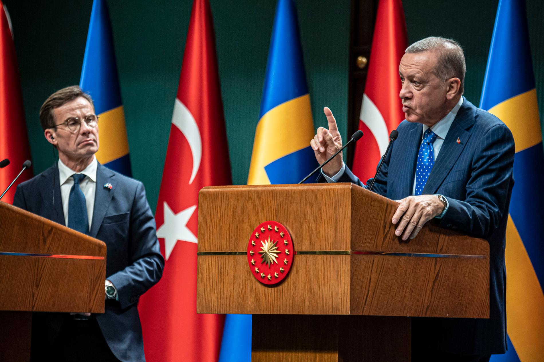 Ulf Kristersson (M) och Turkiets president Erdogan håller pressträff efter förhandlingar om Sveriges inträde i Nato den 8 november 2022.