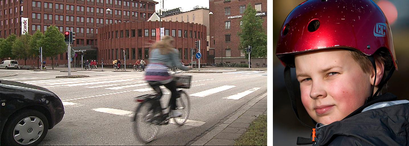 Cyklist utan hjälm på Drottninggatan i centrala Malmö som också passar på att köra mot rött. Mycket få skåningar använder cykelhjälm och ännu färre är Malmöbor.