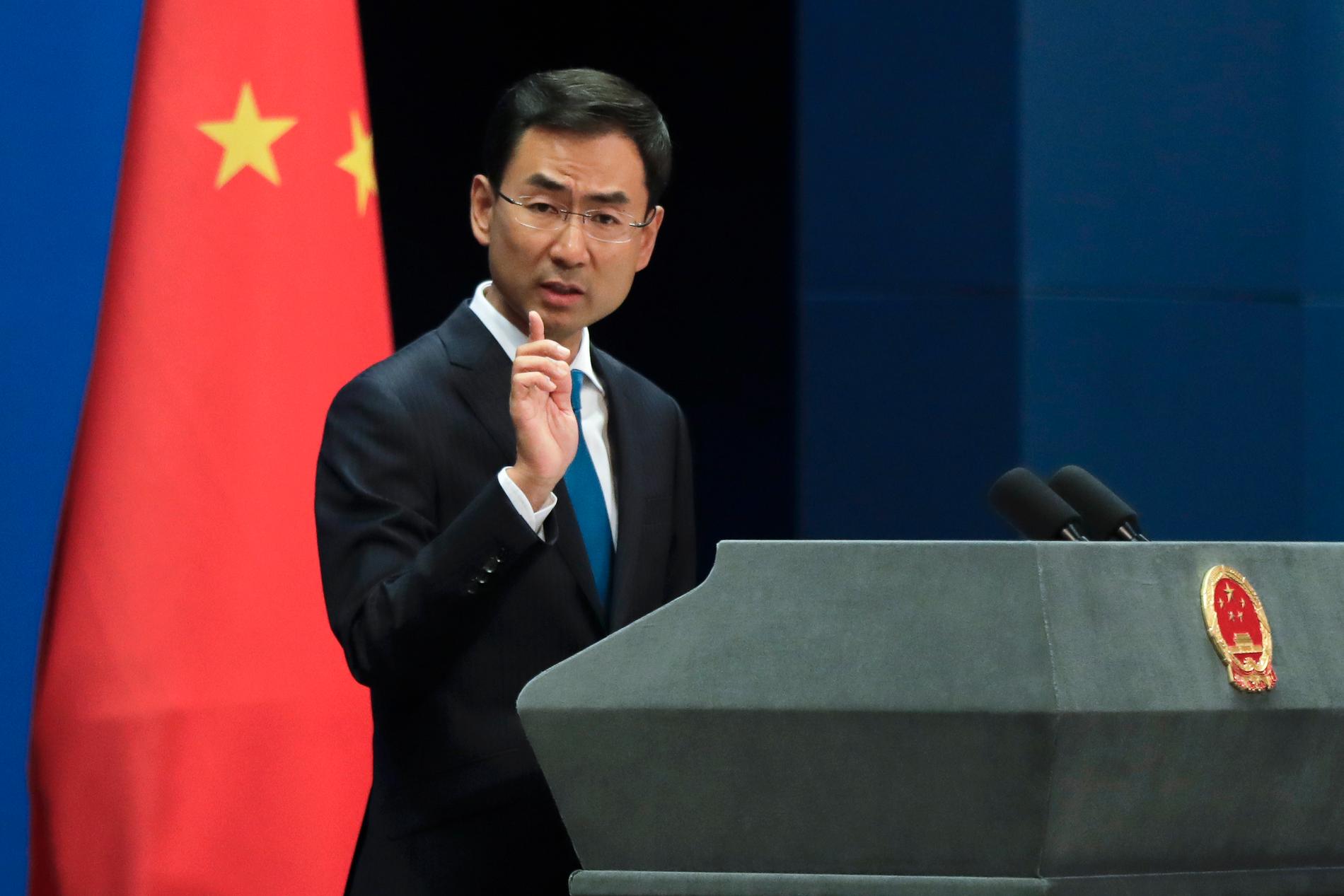 Det kinesiska utrikesdepartementets talesperson Geng Shuang under en presskonferens i Peking i september 2017.