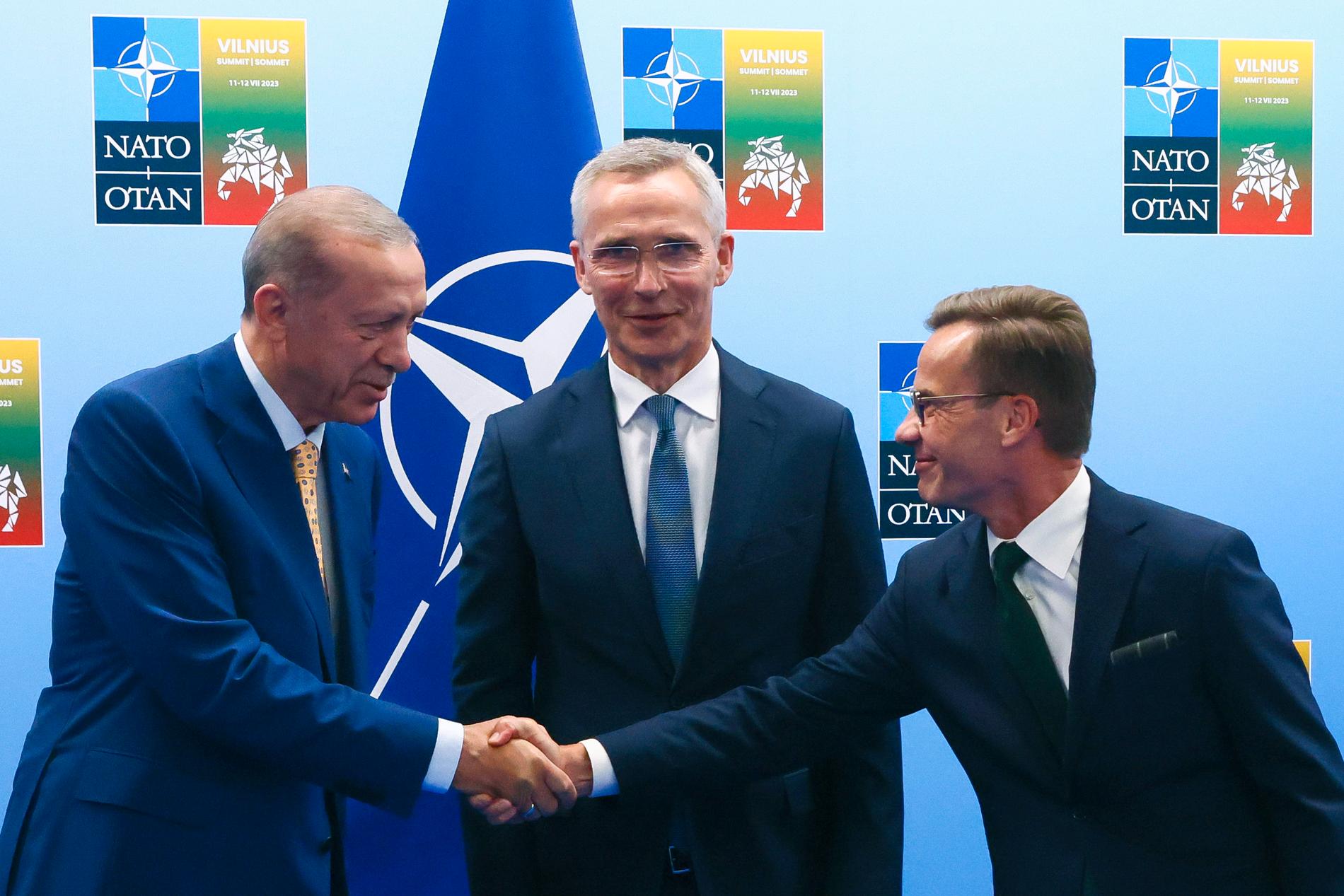 Turkiets president Recep Tayyip Erdogan, Natos generalsekreterare Jens Stoltenberg och statsminister Ulf Kristersson. 