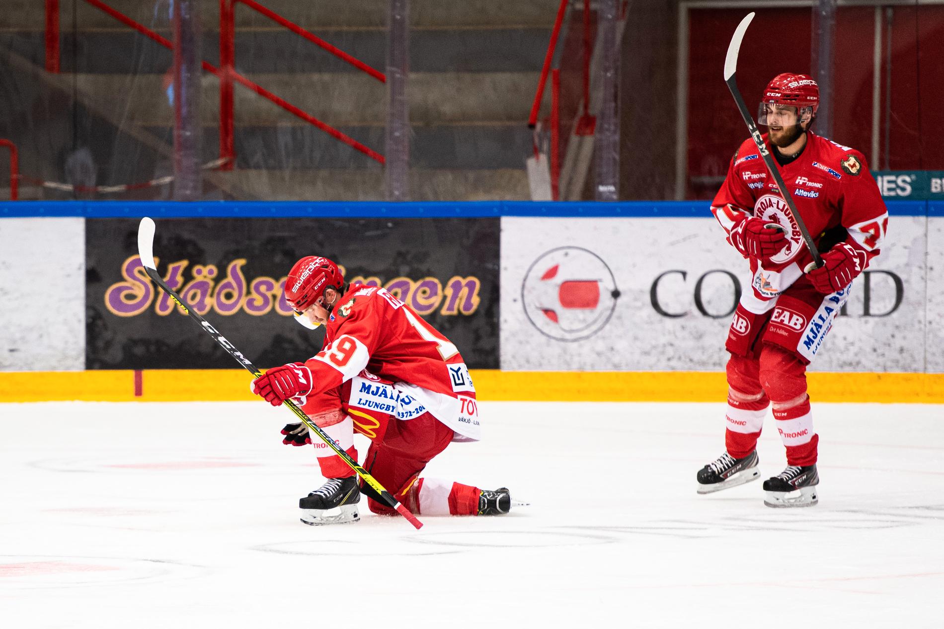 Victor Romfors firar efter 1–0 mot Hudiksvall, målet som säkrade allsvenskt spel.