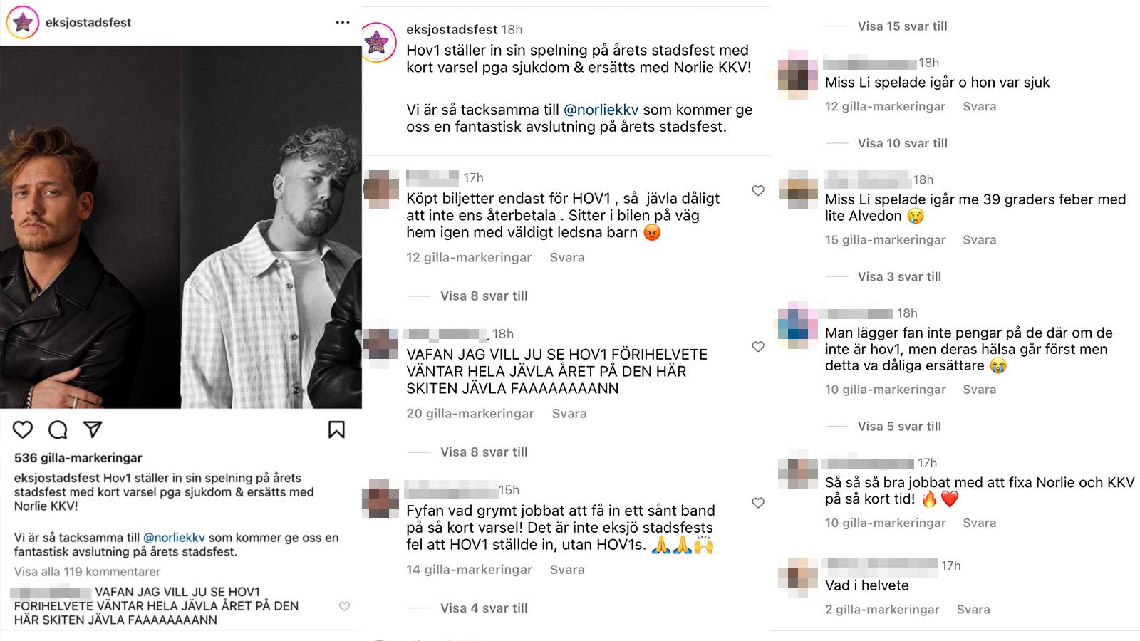 Några av reaktionerna på Eksjö stadsfests Instagram efter beskedet att Hov1 ställer in.
