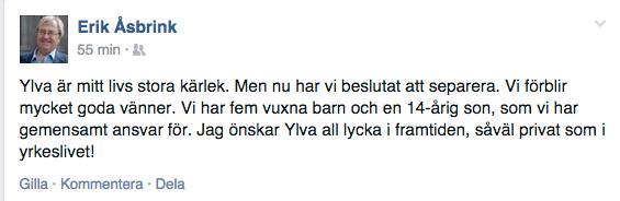 Erik Åsbrink skriver om uppbrottet på Facebook.
