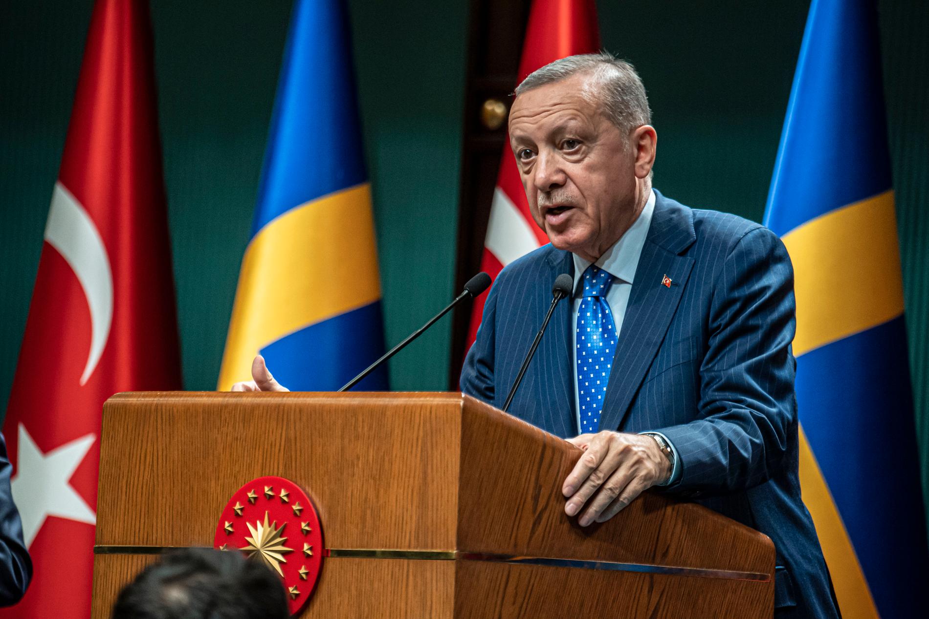 Turkiets president Erdogan under en pressträff tillsammans med Ulf Kristersson i november.