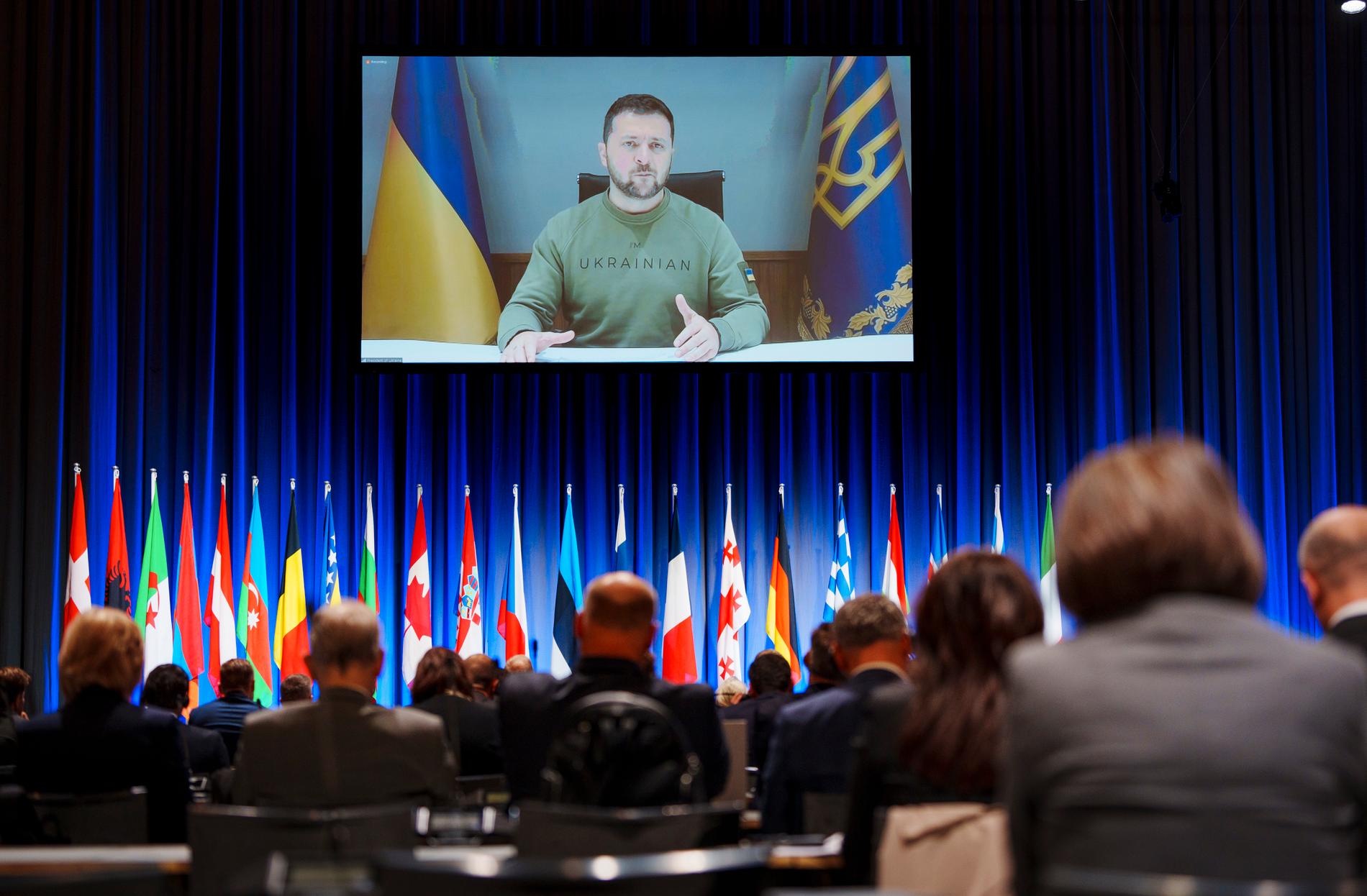 Zelenskyj höll tal via länk under ett Nato-möte i Danmark i oktober. 