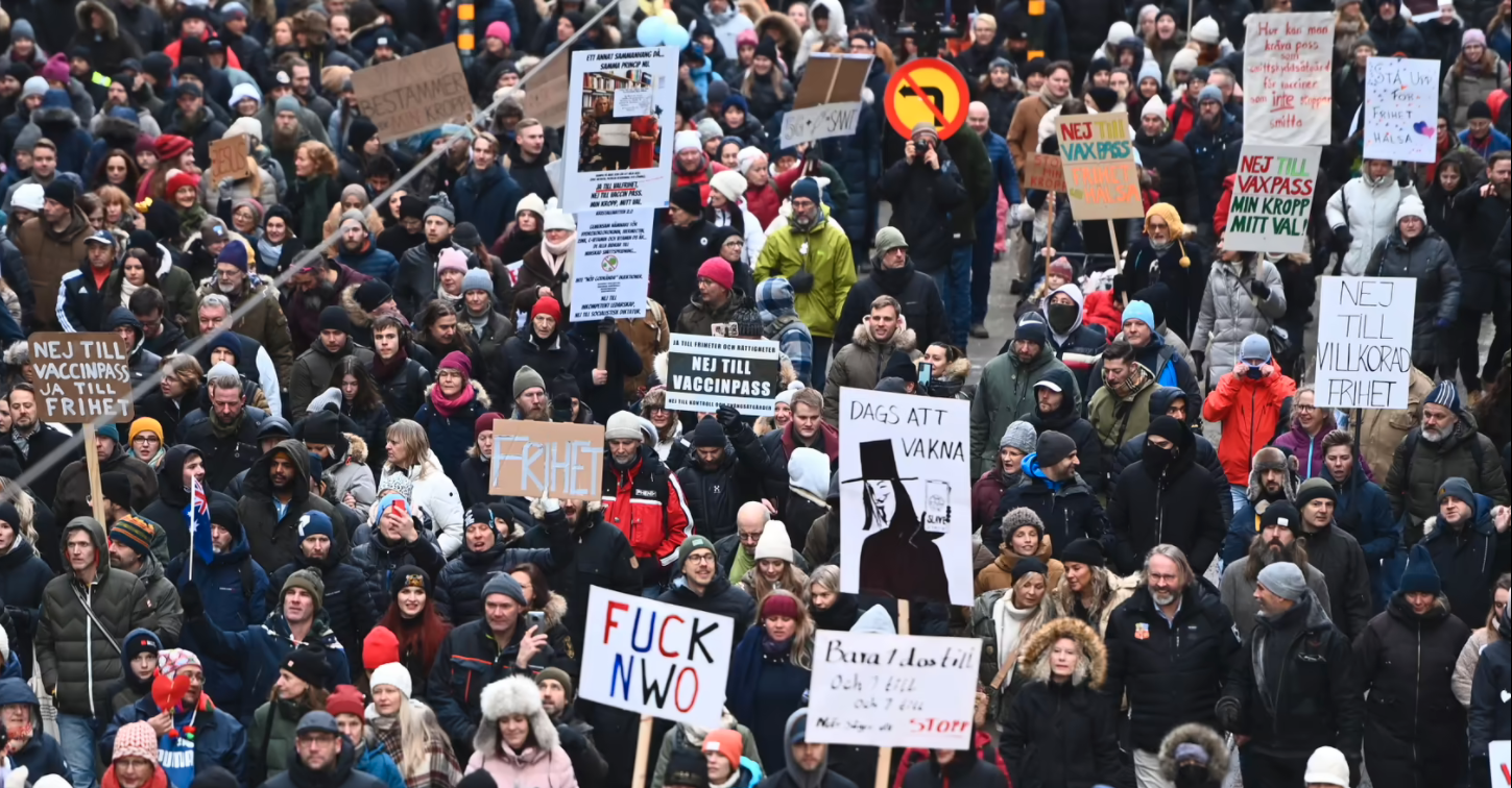Varierande budskap på demonstranternas skyltar under demonstrationen i Stockholm i januari. 
