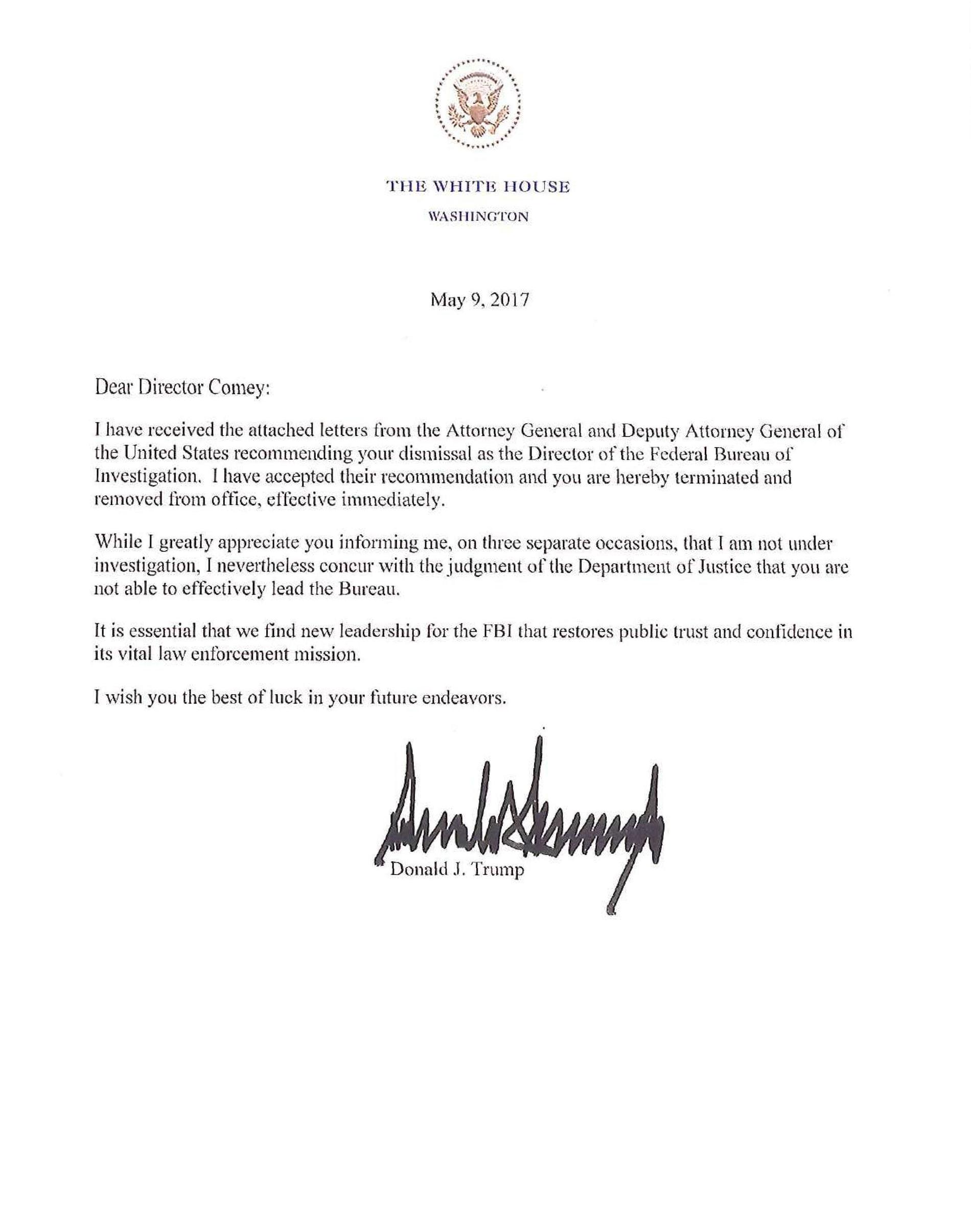 Brevet där Trump avskedar Comey.