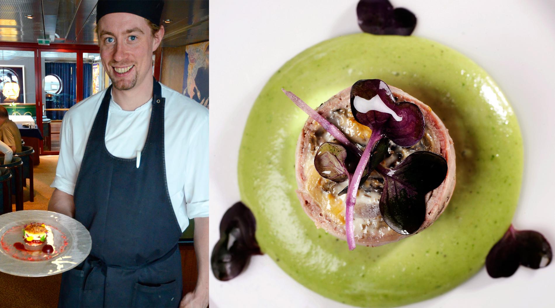 Kocken Mattias Eriksson är en av kockarna som komponerat ihop Silja Lines nya gourmetmeny. Till höger en närstudie av Mattias svampfyllda älgpastrami med basilikasås och sangokrasse.