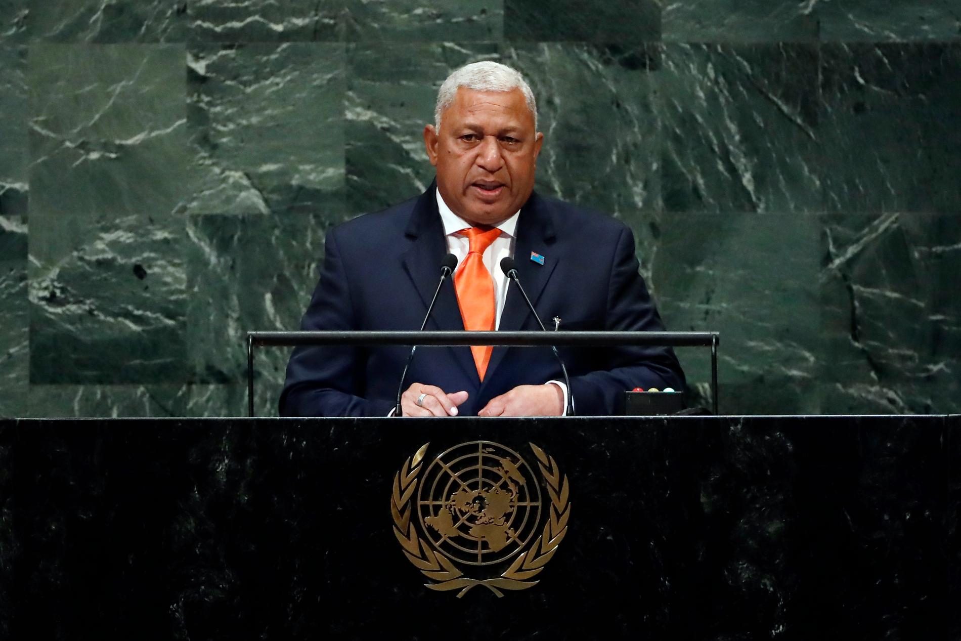 Fijis sittande premiärminister Frank Bainimarama talar i FN i september. Arkivbild.