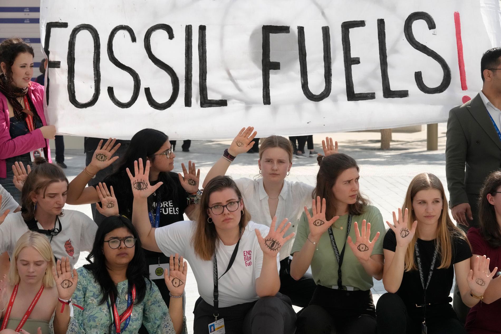 Demonstranter på COP28 i Dubai. 