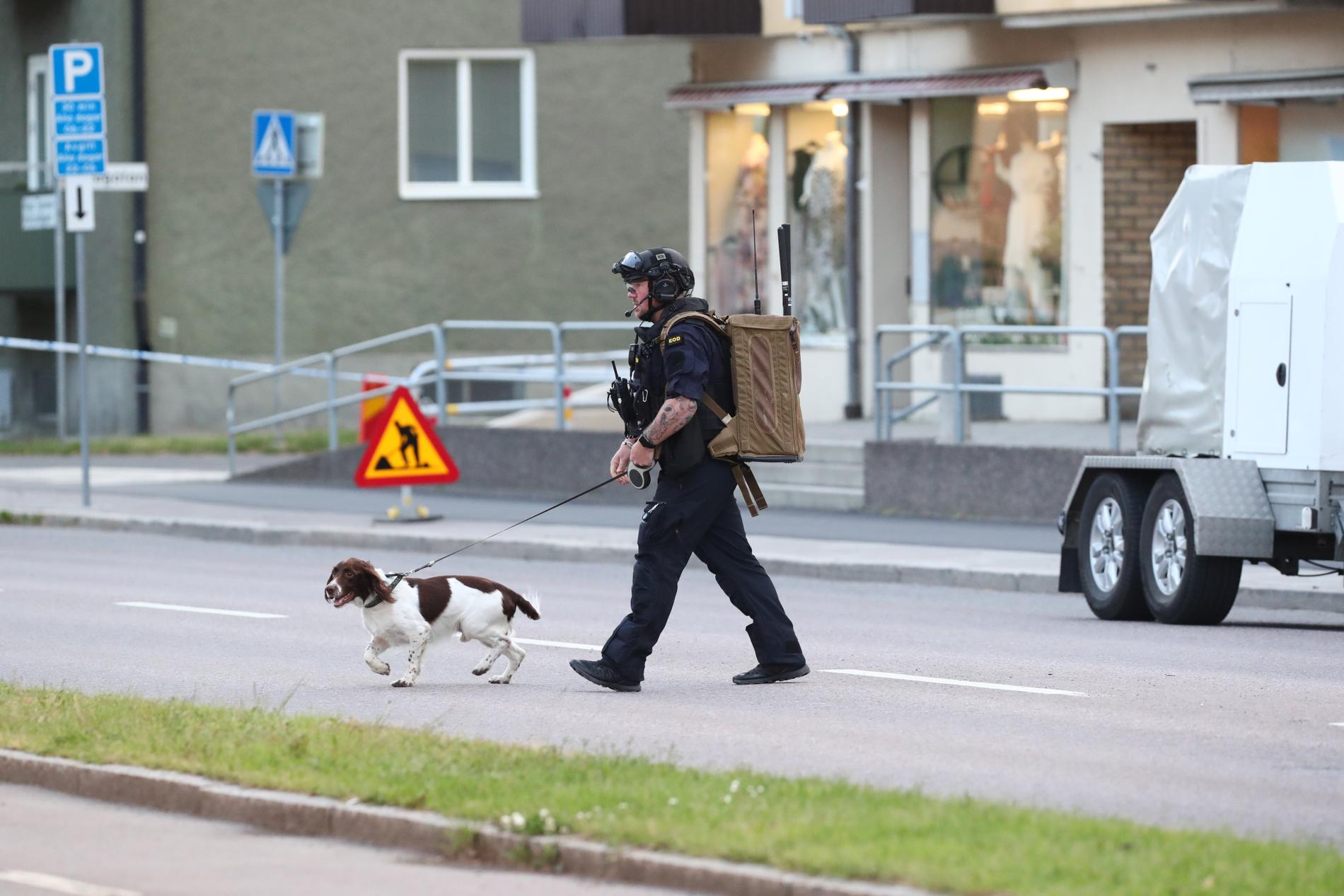 Polisens bombtekniker undersöker det misstänkta föremålet och söker runt i närområdet, bland annat med hund.