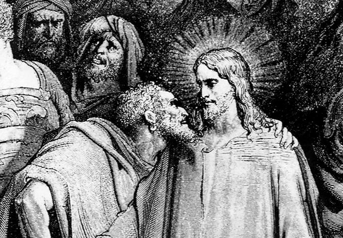 Judas förråder Jesus, ”Judaskyss”, grafiskt blad av Gustave Doré.