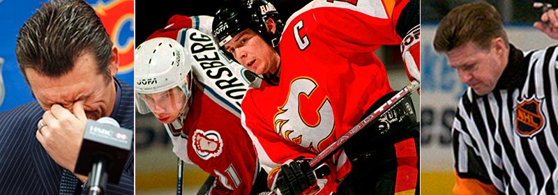 Theoren Fleury hade stora problem med både droger och alkohol genom sin NHL-karriär. Här stöter han på Peter Forsberg 1999. Till höger NHL-domaren Kerry Fraser som dömde över 1 100 NHL-matcher.