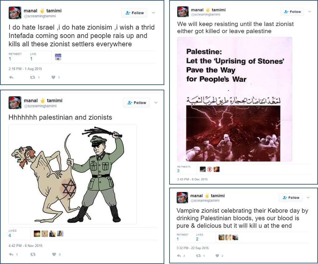 Den palestinska människorättskämpen Manal Tamimi har kritiserats för inlägg i sociala medier som är antisemitiska och uppmanar till våld mot israeler.  