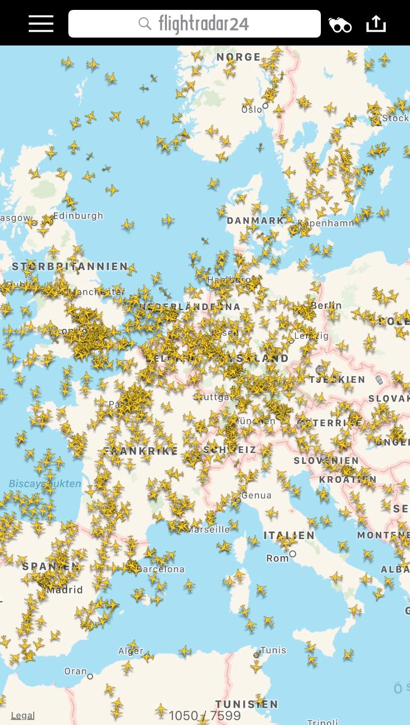 En bild från flygtrafiken över Europa klockan 9 på tisdagen