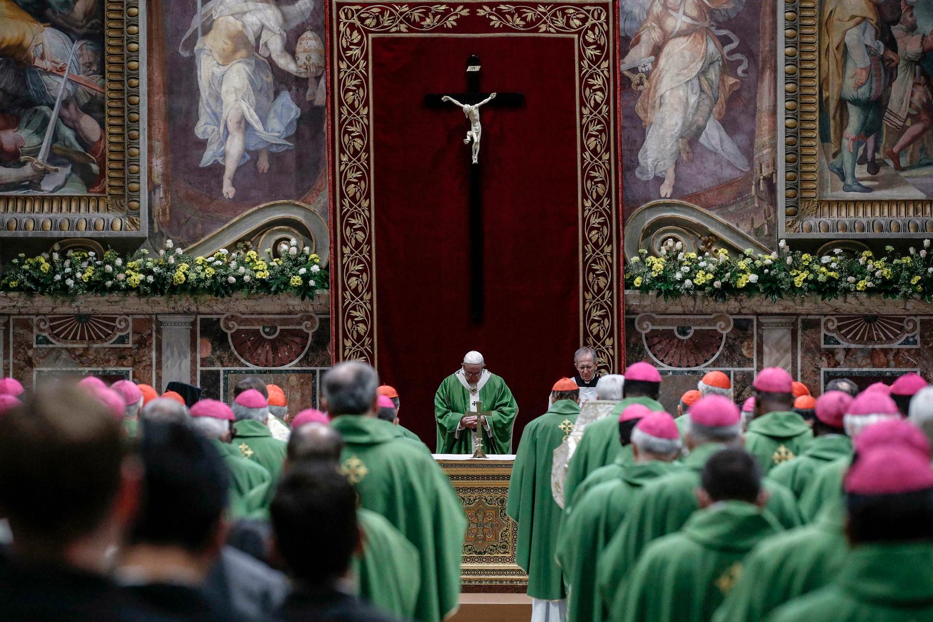 Påve Franciskus under söndagens sammankomst av biskopsmötet i Vatikanen.