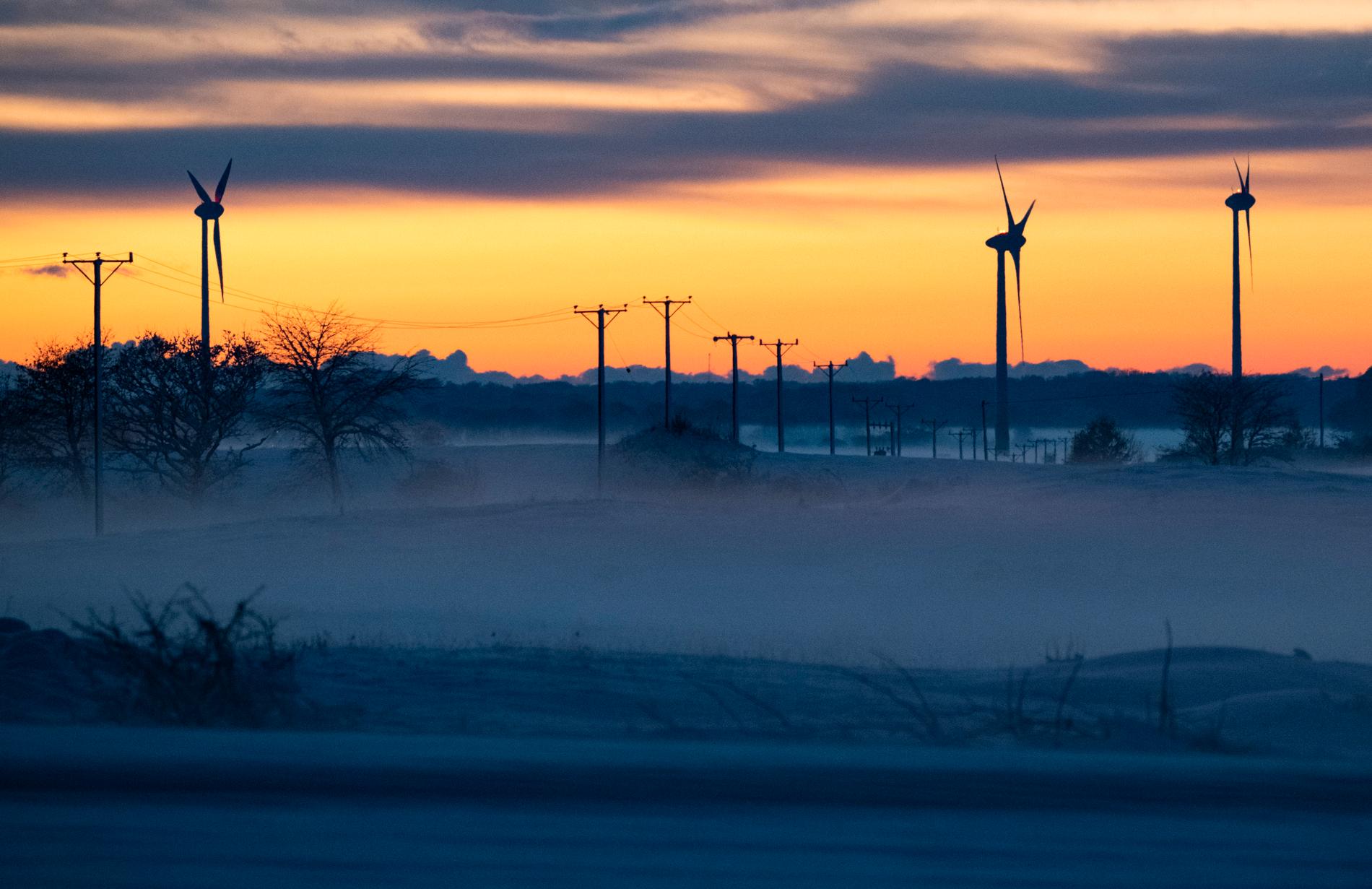 Tre vindkraftverk snurrar bakom högspänningsledningarna i den bleka novembersolen i elprisområde fyra (SE4) utanför Färlöv i Skåne.