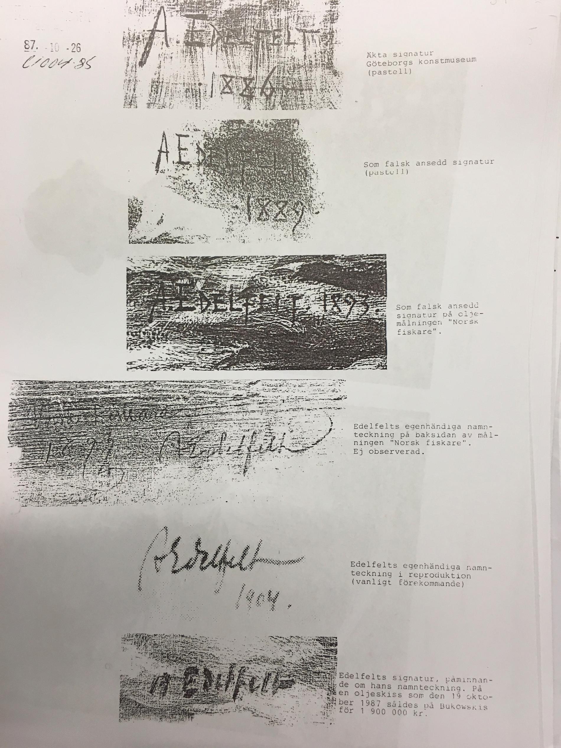 Polisen jämförde 68-åringens falska signaturer med signaturer från Albert Edelfelt som konstaterats äkta.